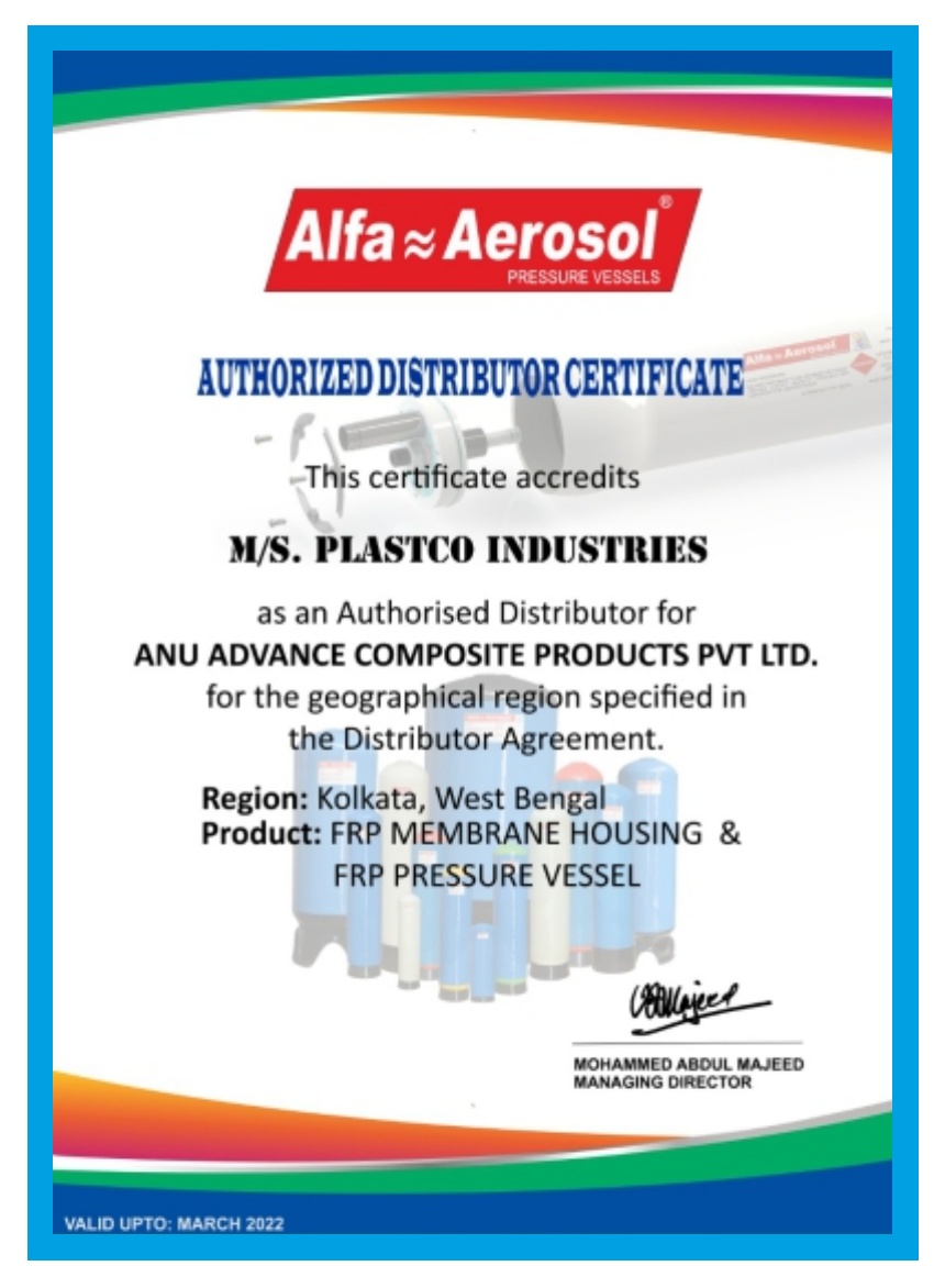 Alfa Aerosol authorised distributor certificate for FRP membrane housing and pressure vessels