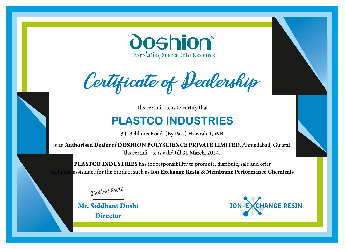 Doshion certificate of dealership for ion exchange resin and membrane chemicals