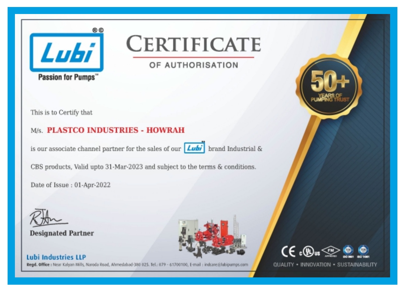 Lubi Industries certificate of authorisation for Plastco Industries Howrah