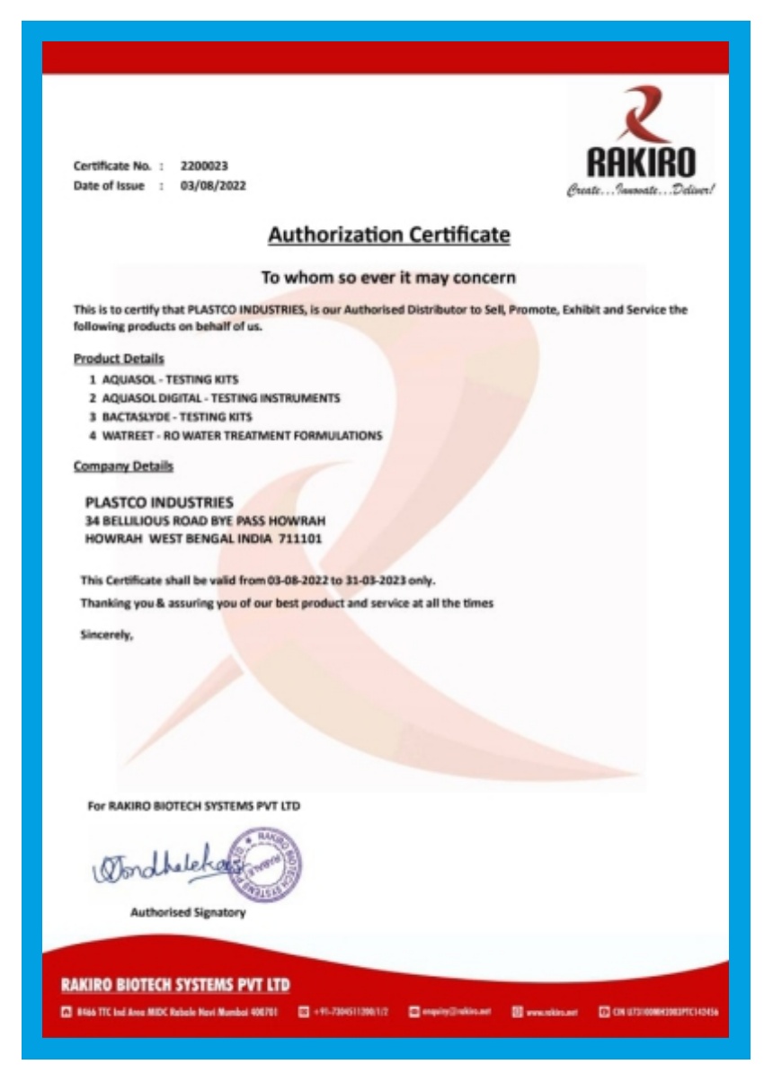 Rakiro Biotech authorisation certificate for Aquasol and water treatment formulations