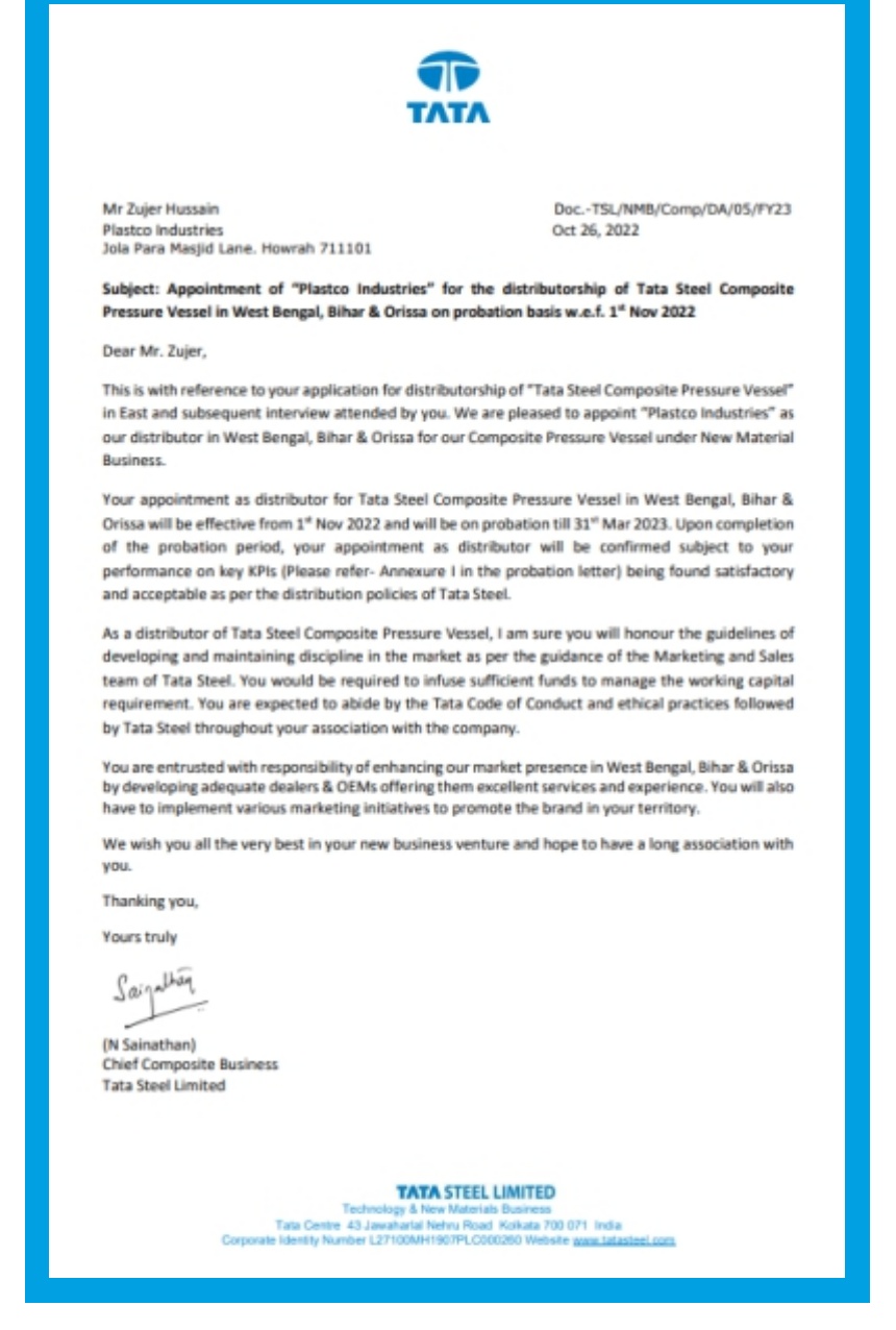 Tata Steel appointment letter for Plastco Industries as composite pressure vessel distributor