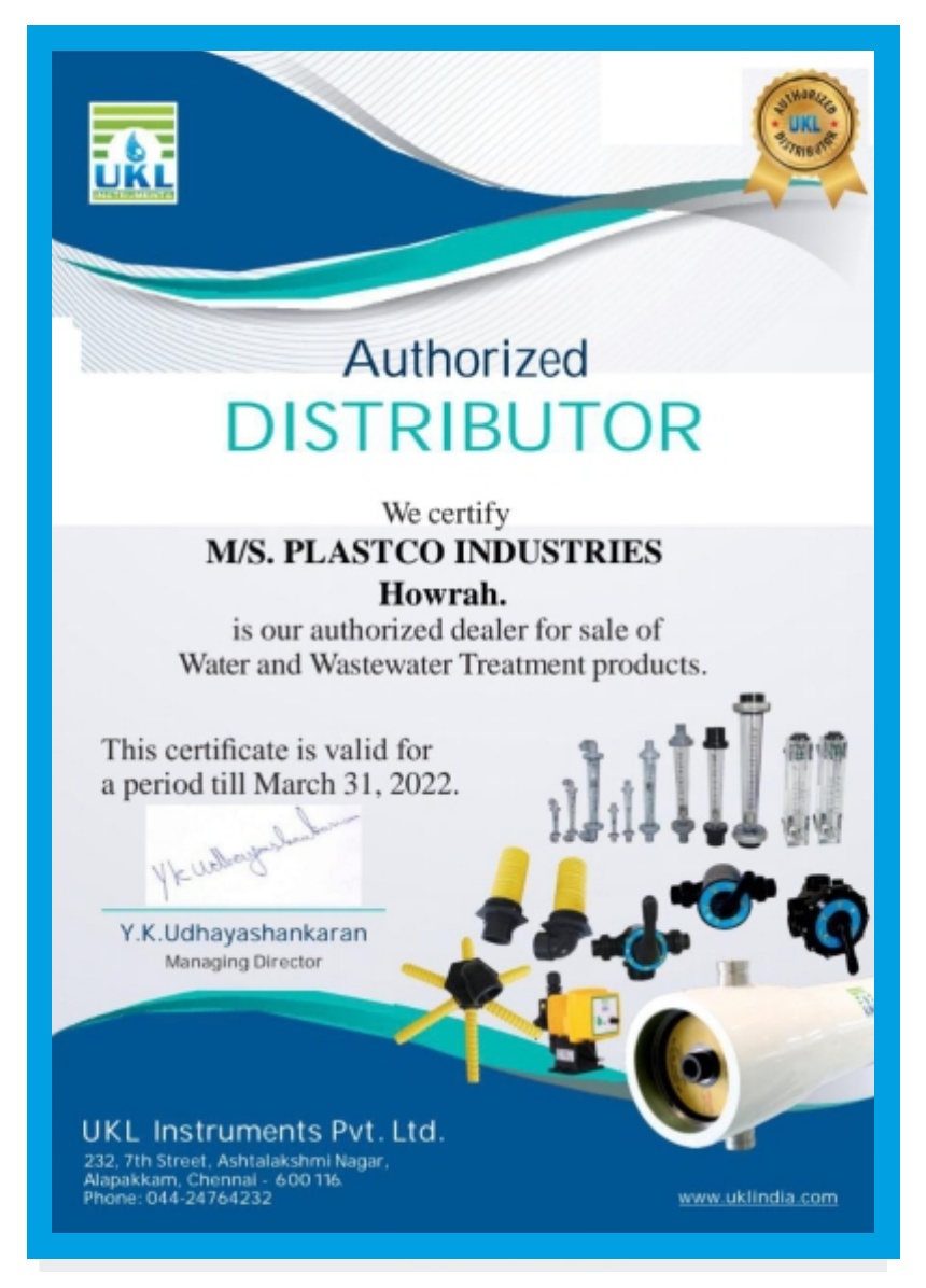 UKL Instruments authorised distributor certificate for Plastco Industries, Howrah